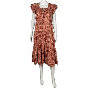 ULLA JOHNSON Orange Floral Print Midi Dress Size XS